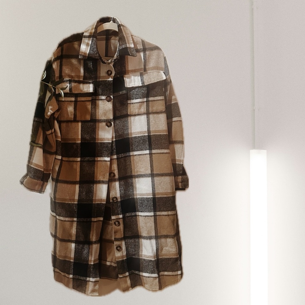 Long Length Women's Plaid Button Down Flannel / Casual Jacket.